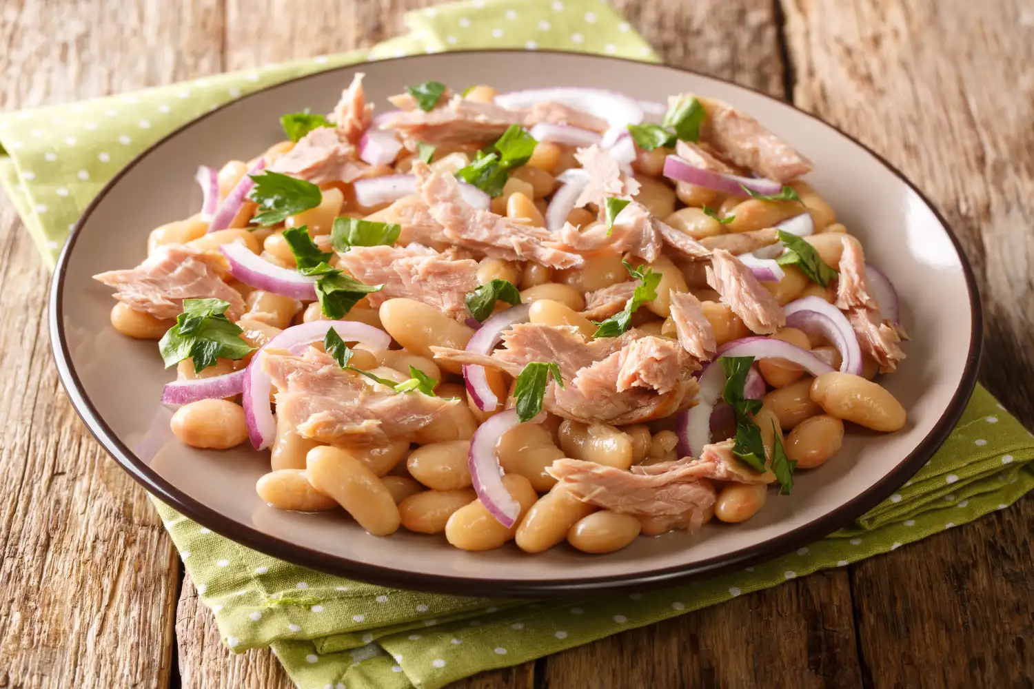 A plate of white bean and tuna salad with red onion and parsley.