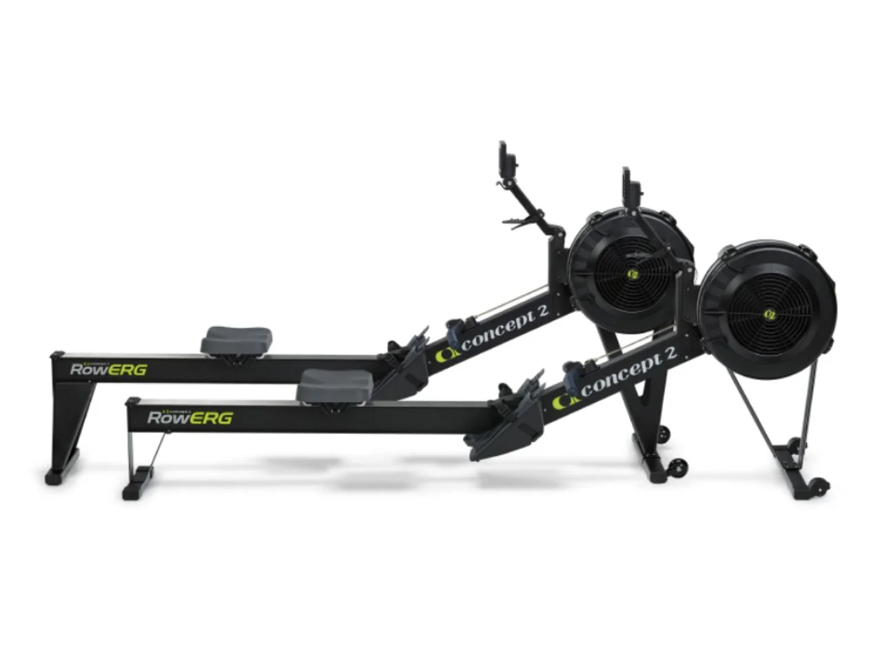 The black metal frame and fan flywheel of a Concept2 RowErg air rowing machine.