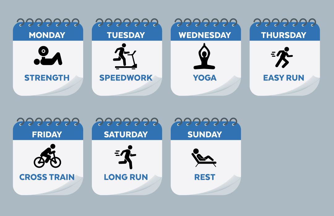 A document showing a detailed weekly half marathon training schedule with color-coded run types.