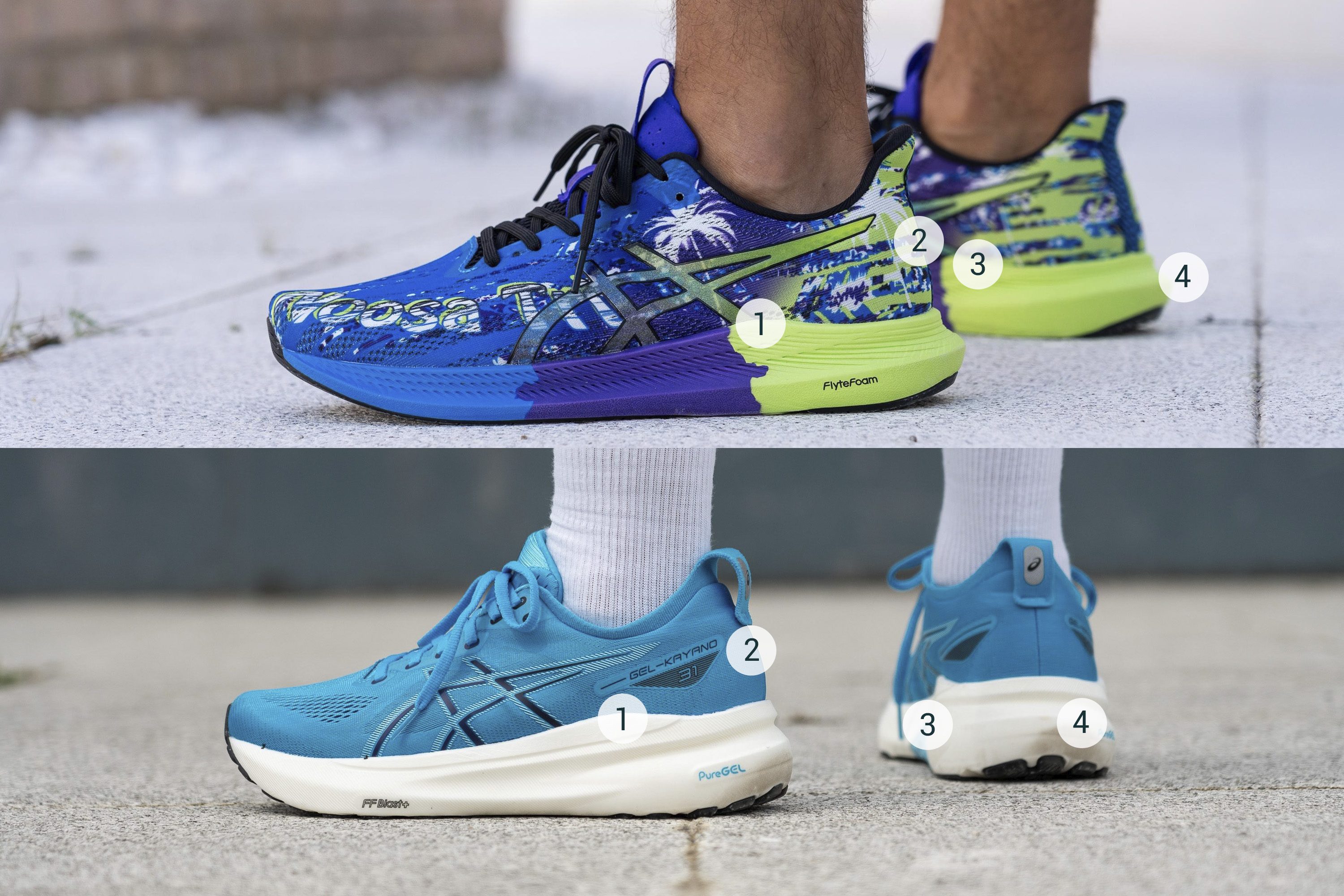 A comparative diagram showing the internal structural differences between a neutral running shoe and a stability running shoe.
