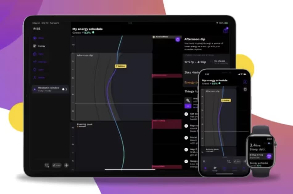 The RISE App interface showing a graph of energy levels and sleep debt metrics.