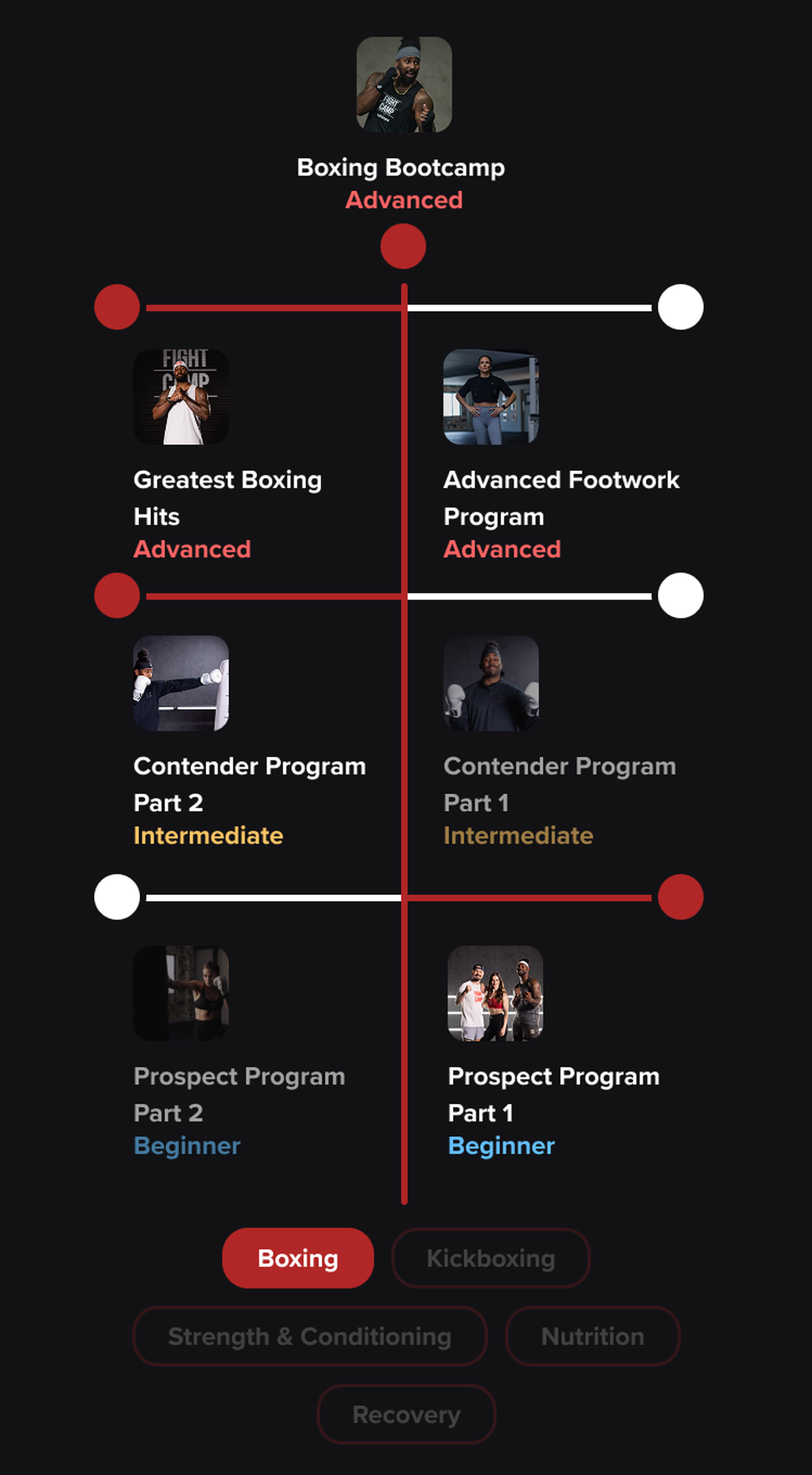 Mobile app interface displaying different boxing training paths and skill levels.