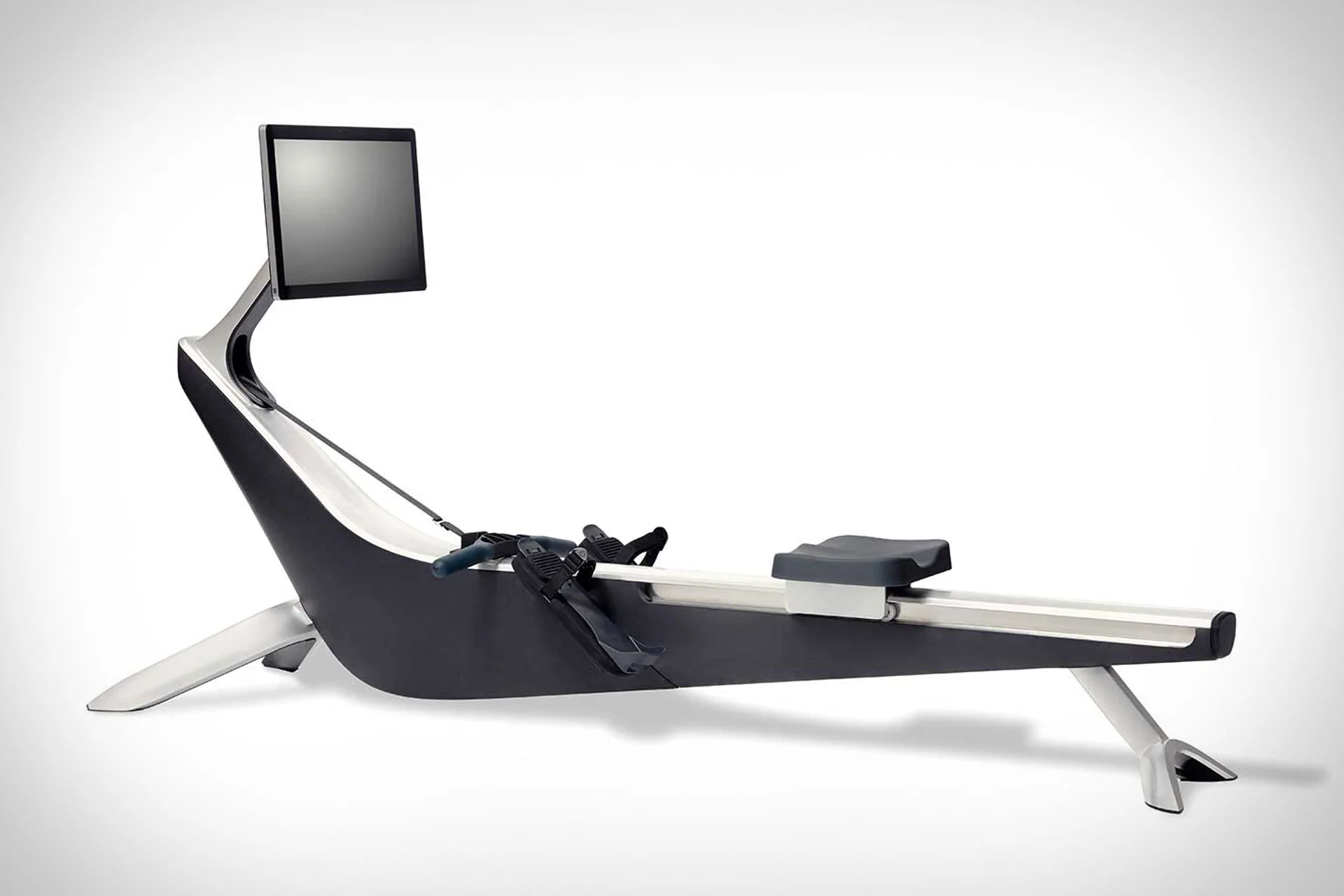 A view of the Hydrow Rower which features a more industrial, metallic design.