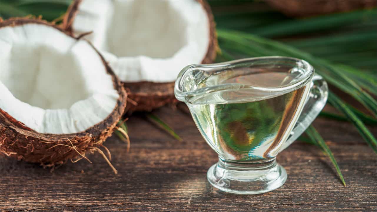 Organic coconuts alongside a pitcher of clear, distilled MCT oil.