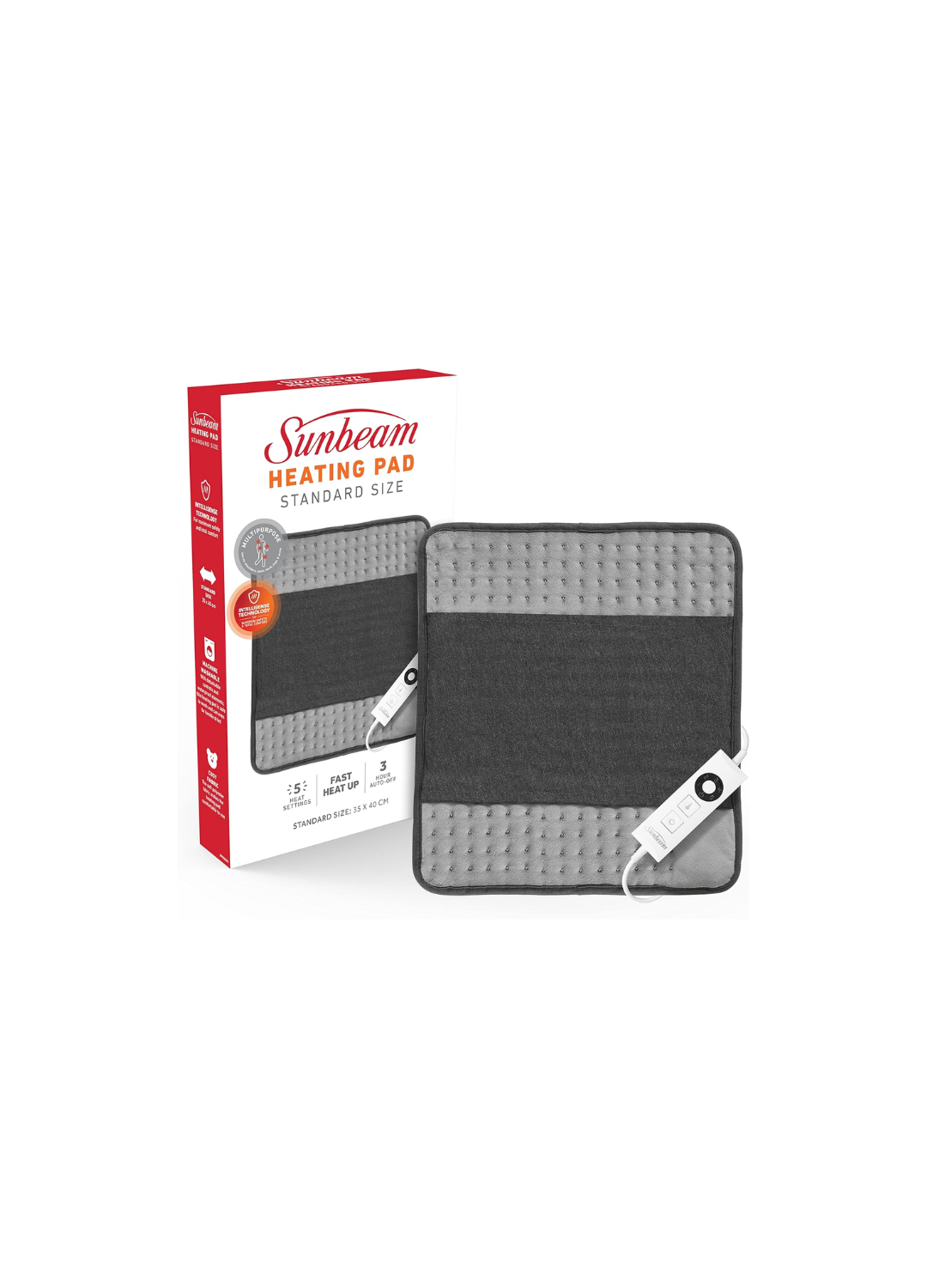 A standard Sunbeam multipurpose electric heating pad laid out flat.