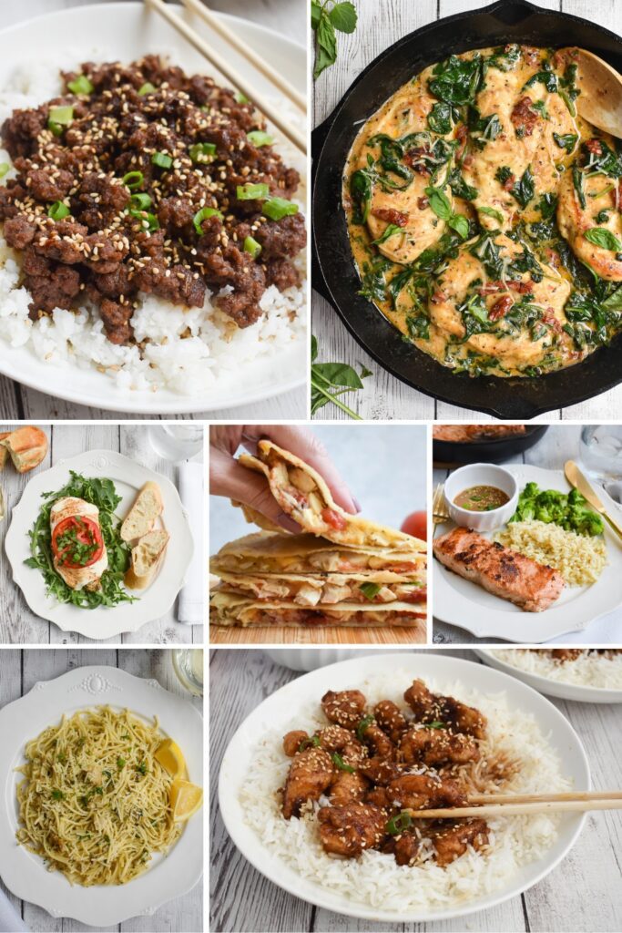 A collage showing various low FODMAP meals including chicken, salads, and pasta dishes.