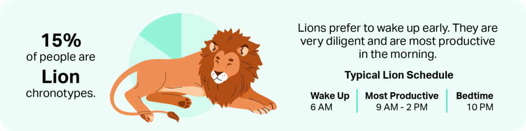 Lion chronotype banner graphic depicting a lion profile with morning sun elements.