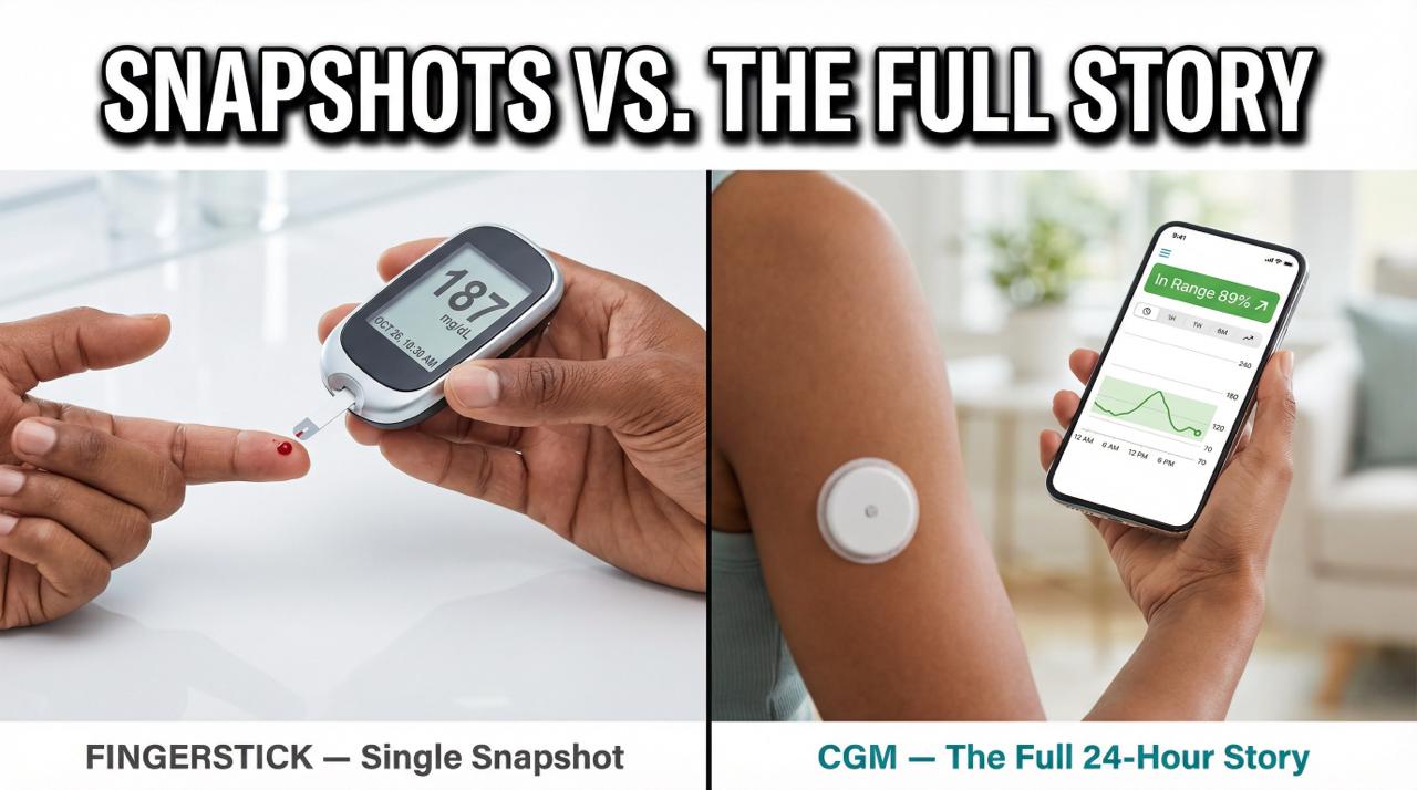 Split screen showing a blood drop from a finger prick on the left and a discreet arm sensor on the right.
