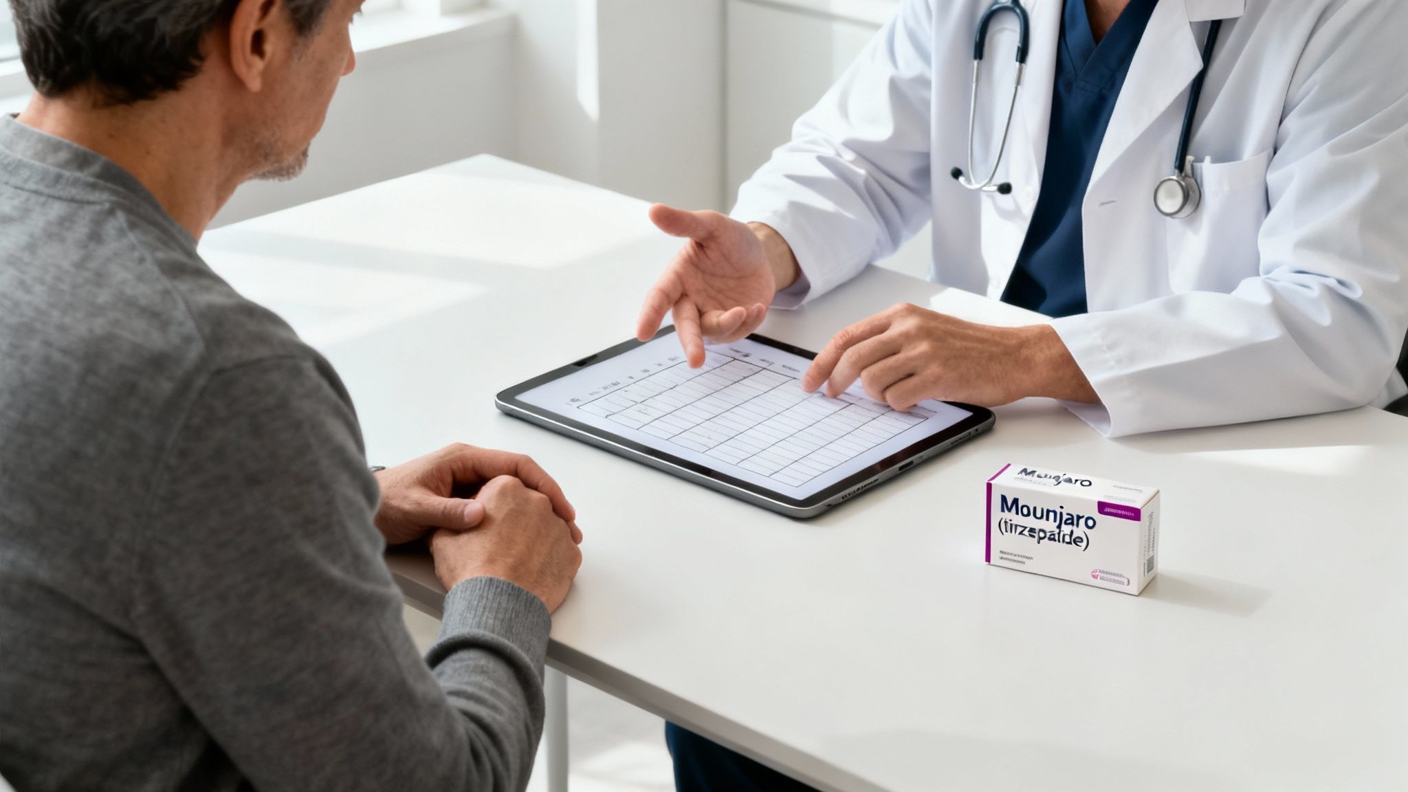 A healthcare professional discussing treatment options with a patient while a Mounjaro box sits on the desk.