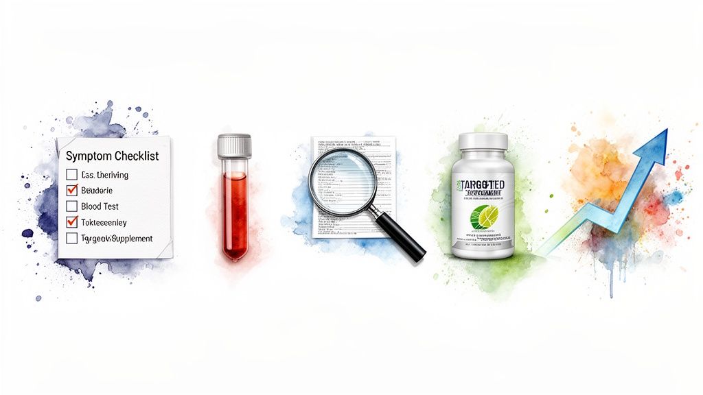 An infographic outlining a five-step health diagnosis and supplement optimization plan.