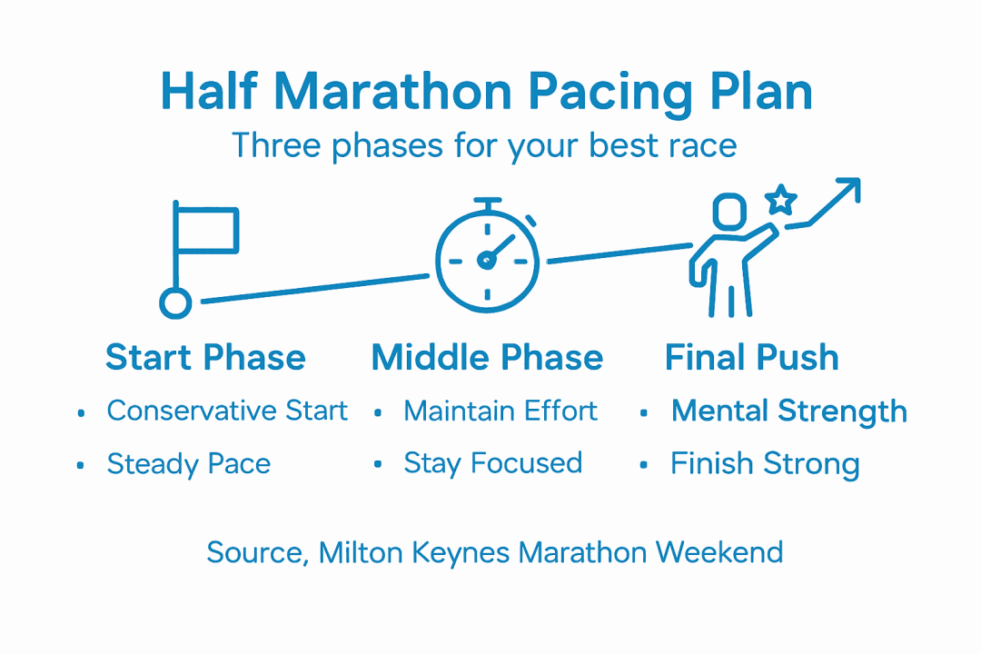 An infographic showing the different phases of race pacing strategy.