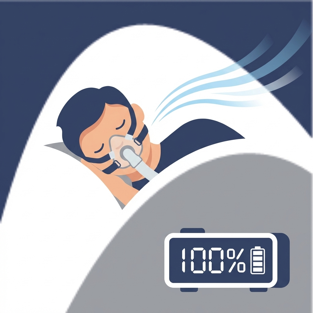 A person sleeping on their side wearing a CPAP mask connected to a machine.