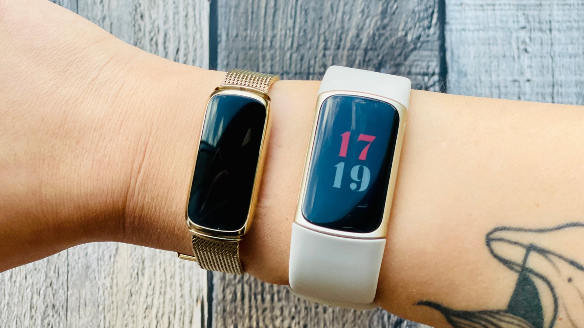 Fitbit Charge 5 side-by-side with the Fitbit Luxe to show design similarities.