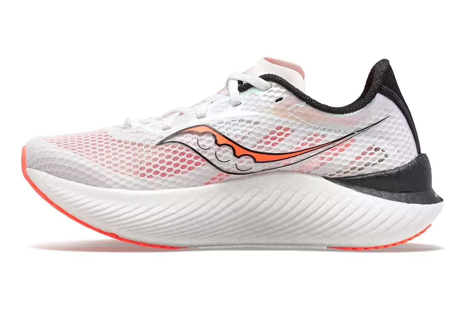 Side-profile view of a white Saucony Endorphin Pro 3 performance racing shoe.