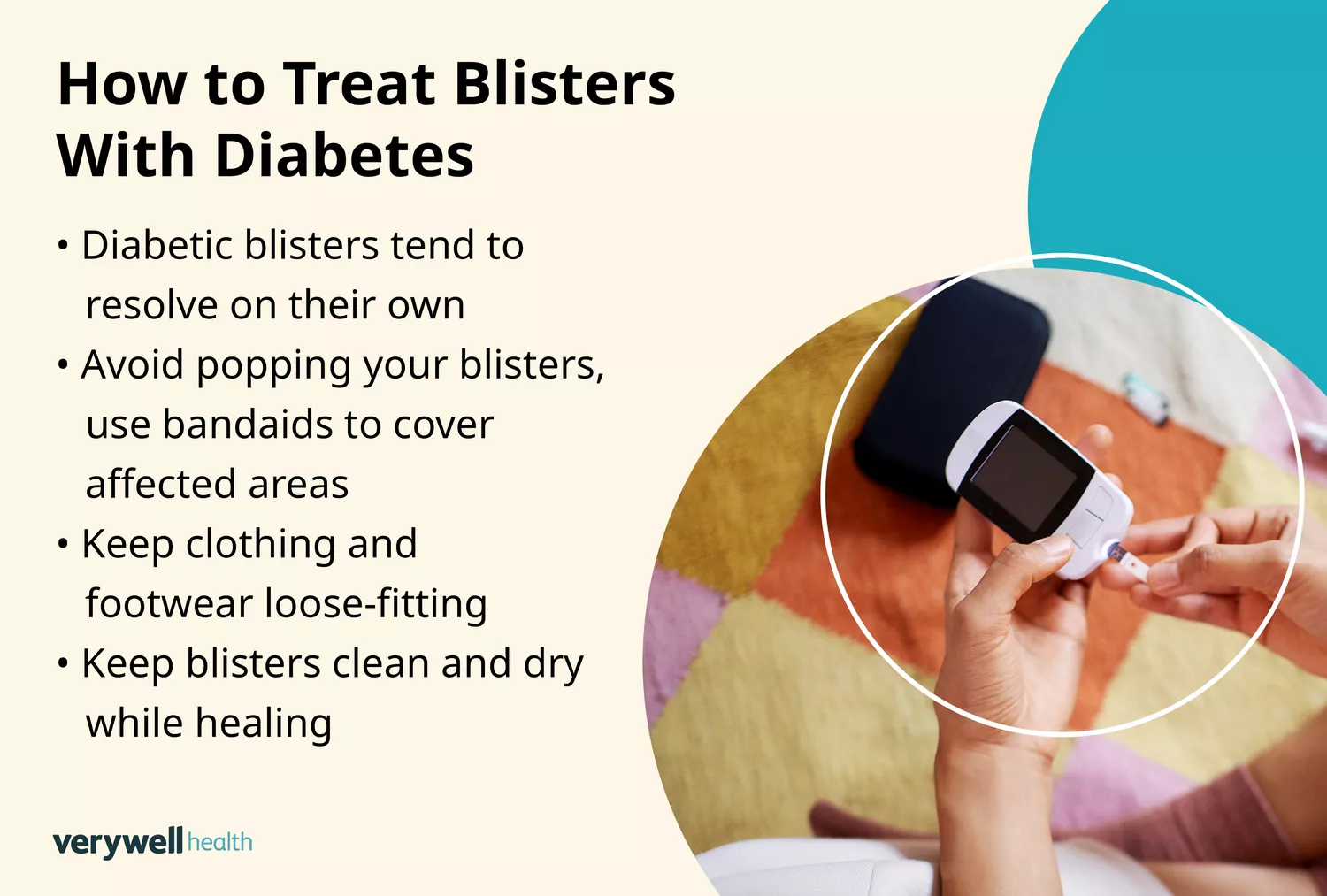 Instructional composite image detailing the steps for treating a blister when living with diabetes.