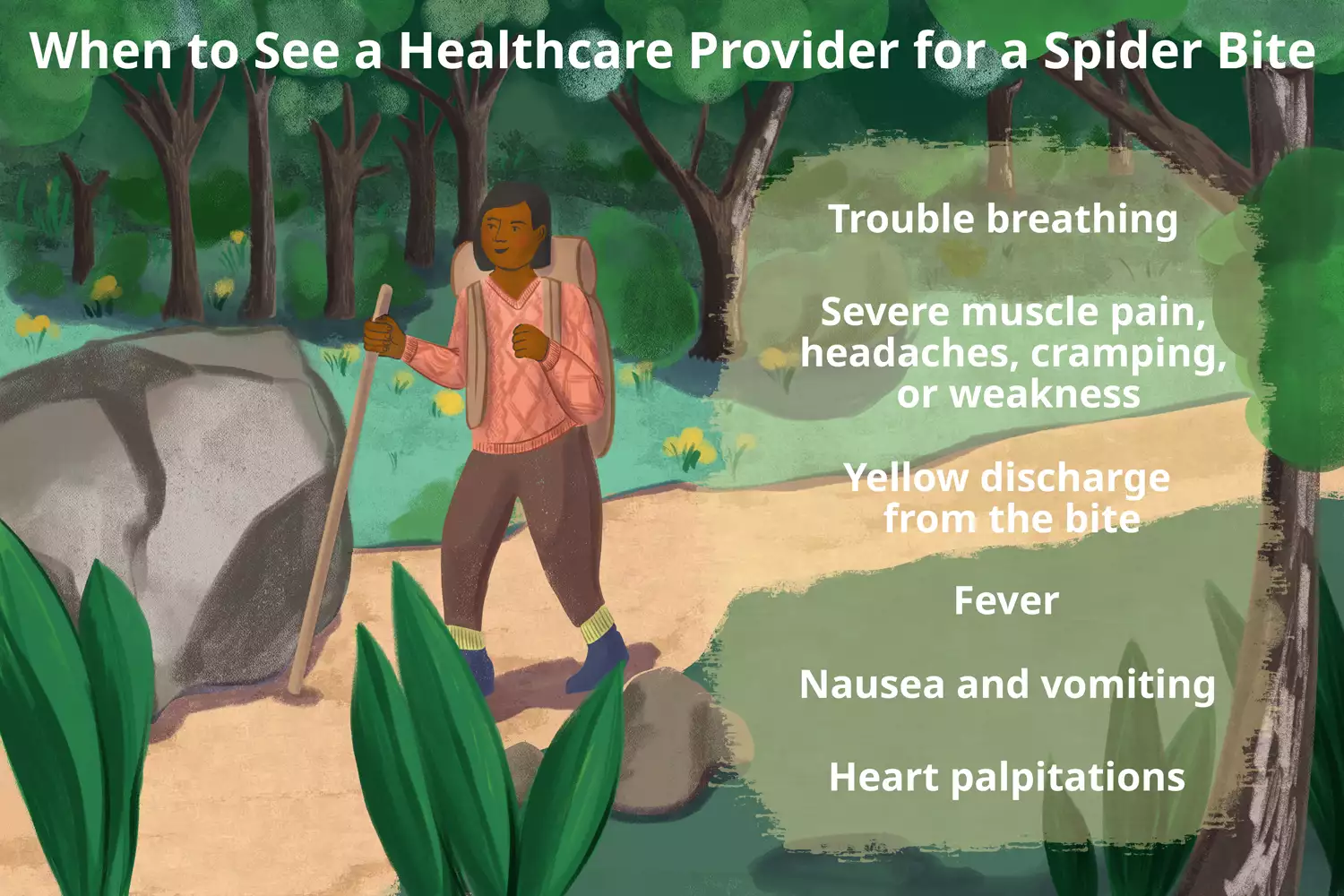 An illustrated checklist titled 'When to see a healthcare provider for a spider bite'.