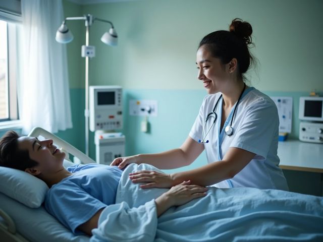 A patient resting in a hospital bed being monitored by a smiling healthcare professional.