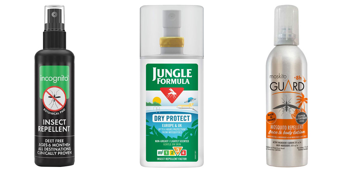A collection of different insect repellent spray bottles and containers with labels highlighting active ingredients.