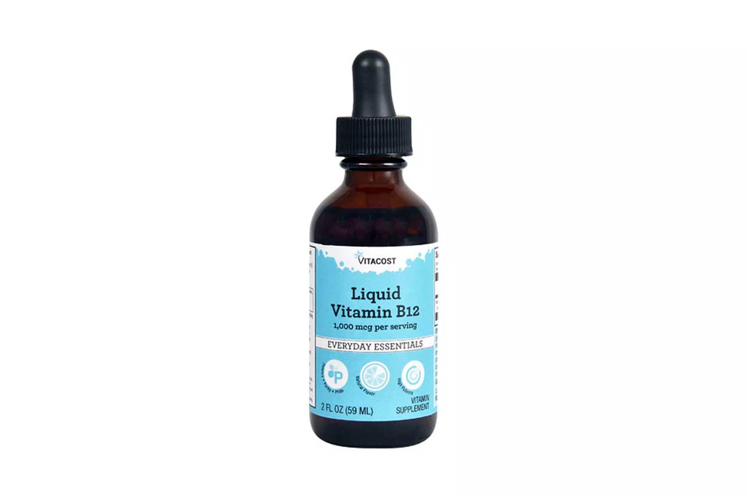 A brown glass dropper bottle of Vitacost Liquid Vitamin B12 supplement.