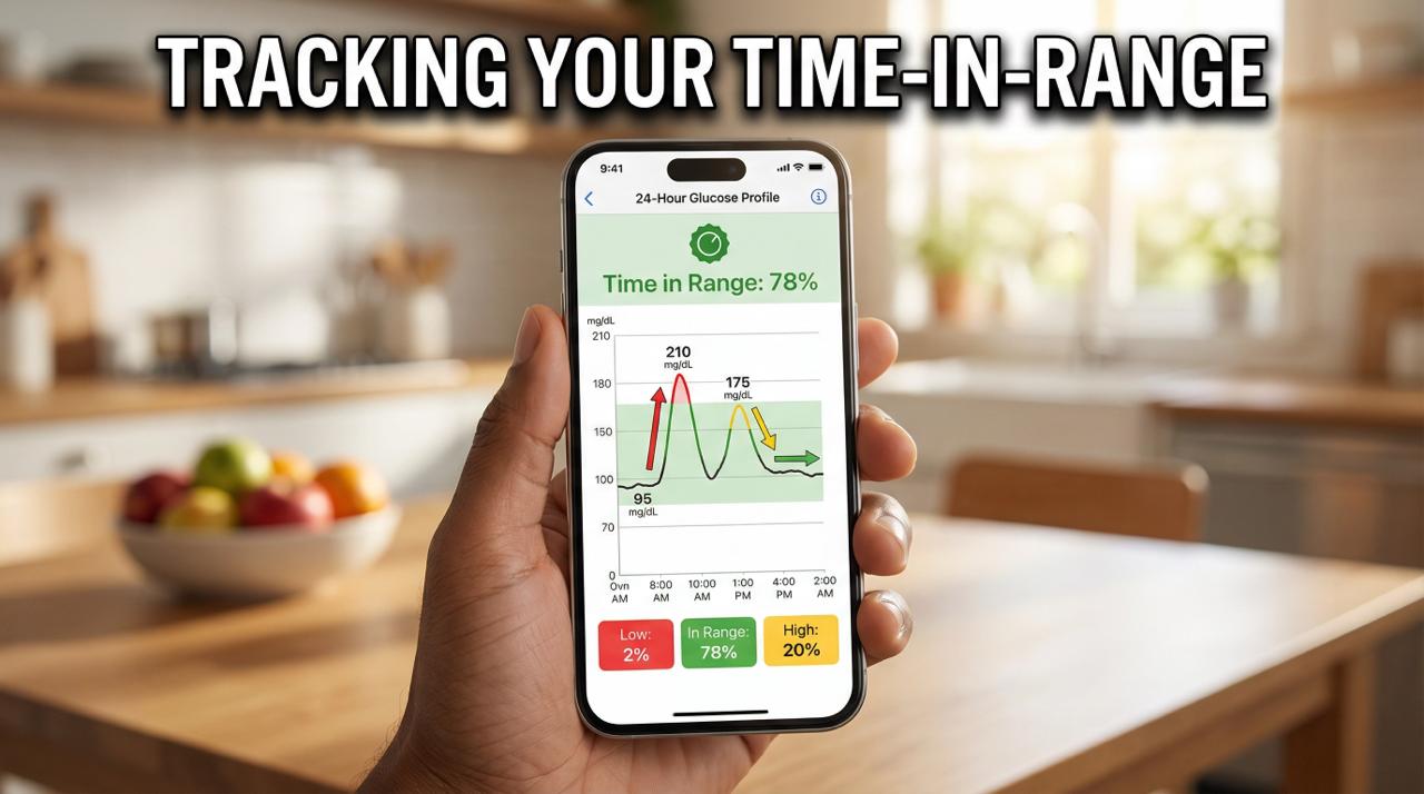 Smartphone screen showing a continuous line graph of glucose levels over time within a target range.