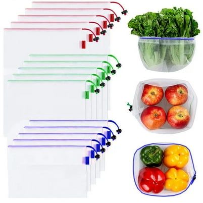 A set of several reusable cream-colored mesh produce bags bundled together.
