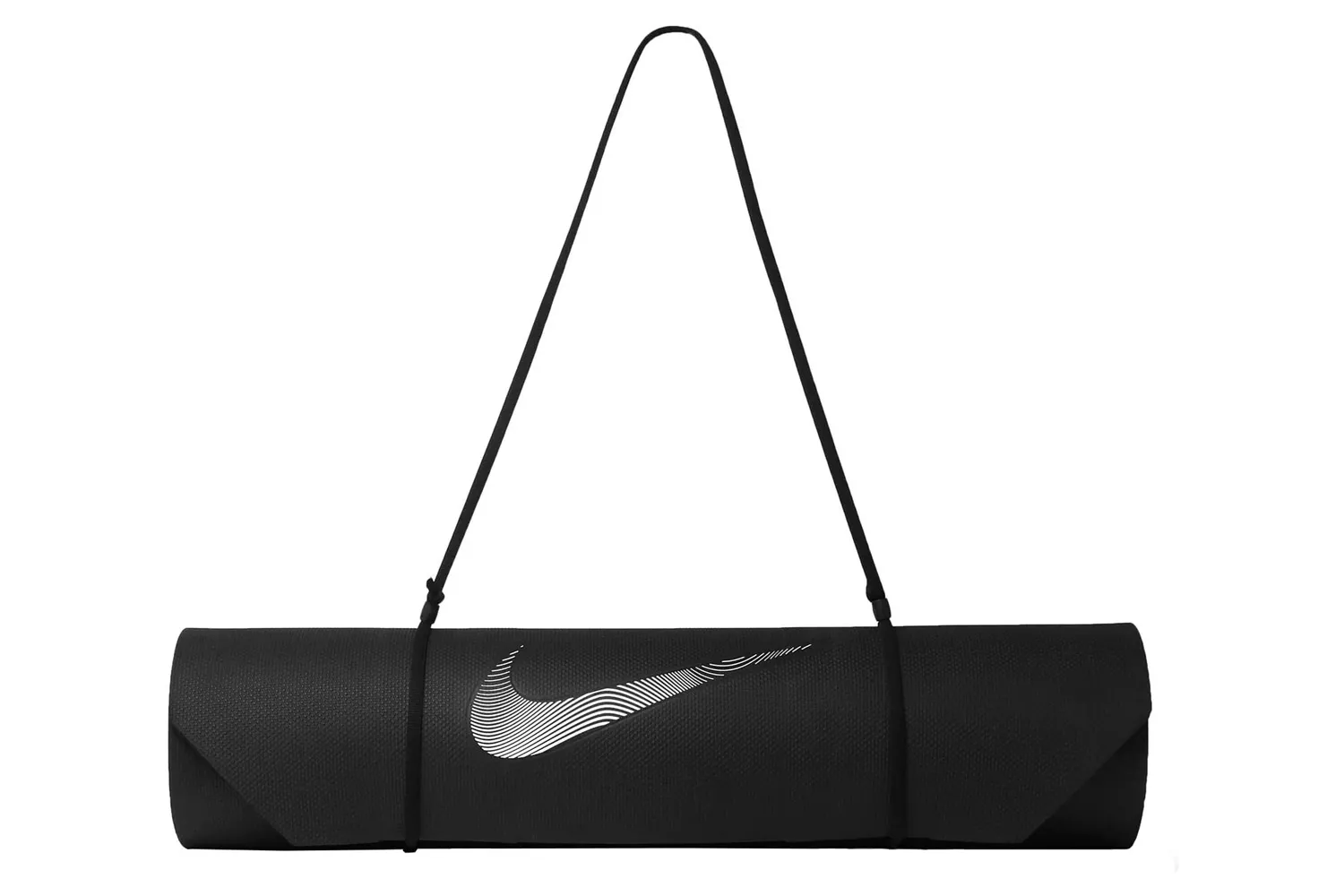 A rolled-up black Nike yoga mat with a white swoosh logo and a black carrying strap.